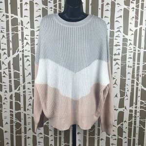 Chevron Cable Knit Crewneck Sweater XL Blush, Gray, White